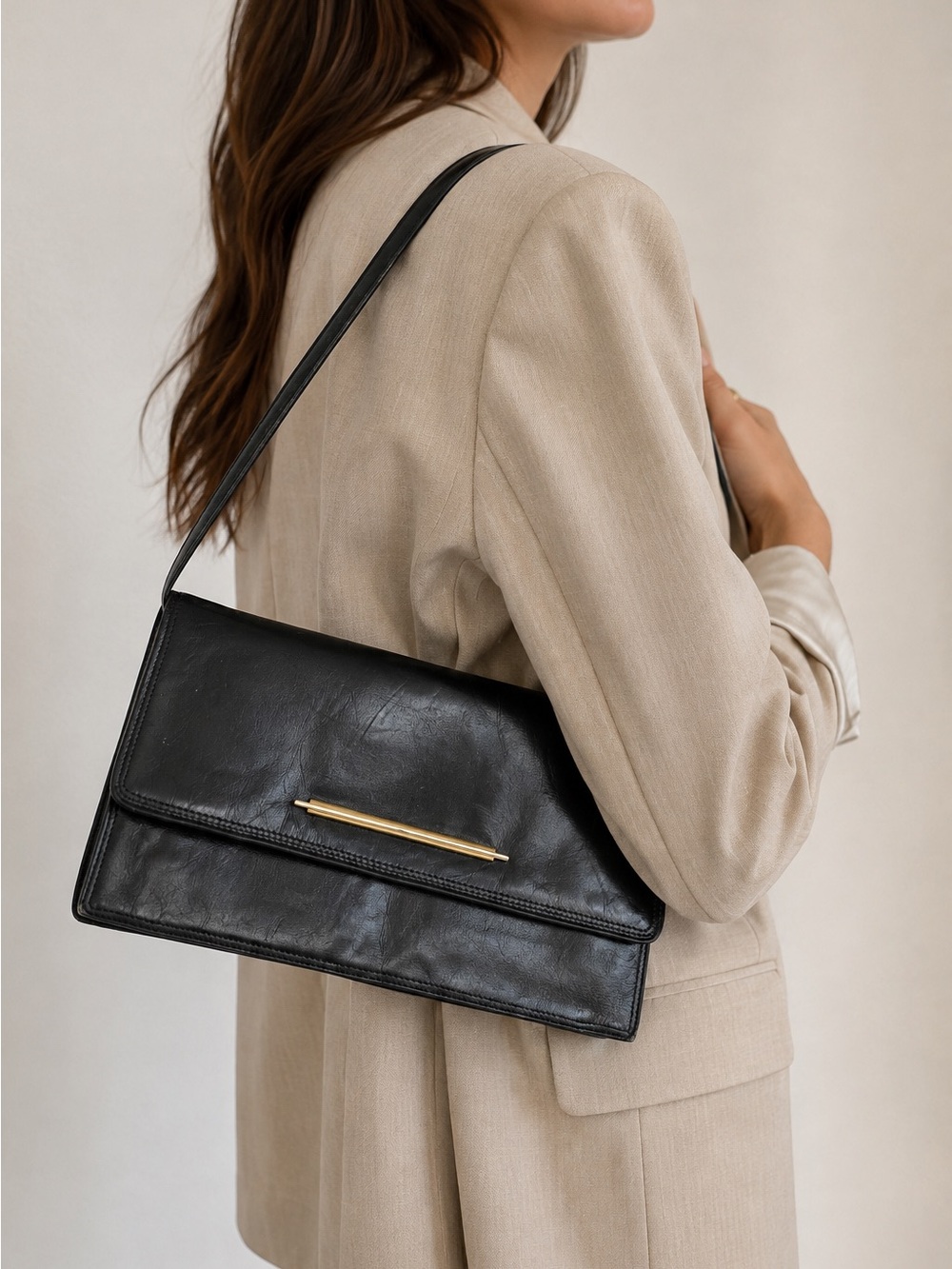 Vintage 80s 90s Black Leather Shoulder Bag with Gold Accent Minimalist Classic